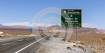 Tropic of Capricorn crossing sign, Route 23, Chile Editorial Stock Photo